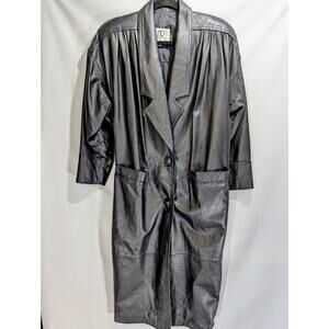 Vintage LNR Petites Genuine Leather Long Coat Black Shoulder Pads Back Vent PM